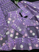 Lavender Jamdani Saree With White Pink Lavender Threads Work.