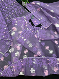 Lavender Jamdani Saree With White Pink Lavender Threads Work.