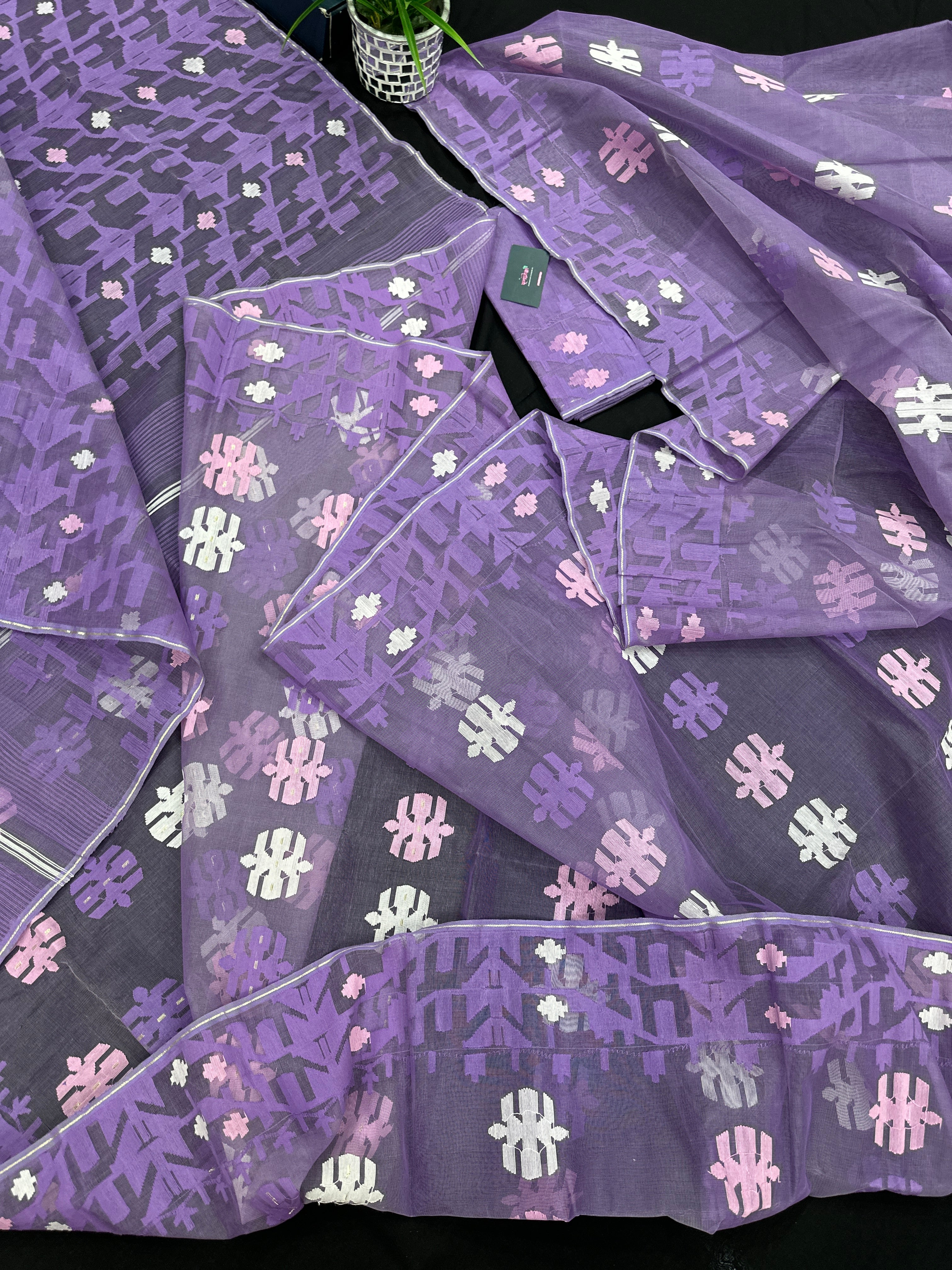 Lavender Jamdani Saree With White Pink Lavender Threads Work.