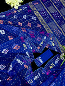 Blue jamdani saree with golden silver & copper jori work also pink jori work