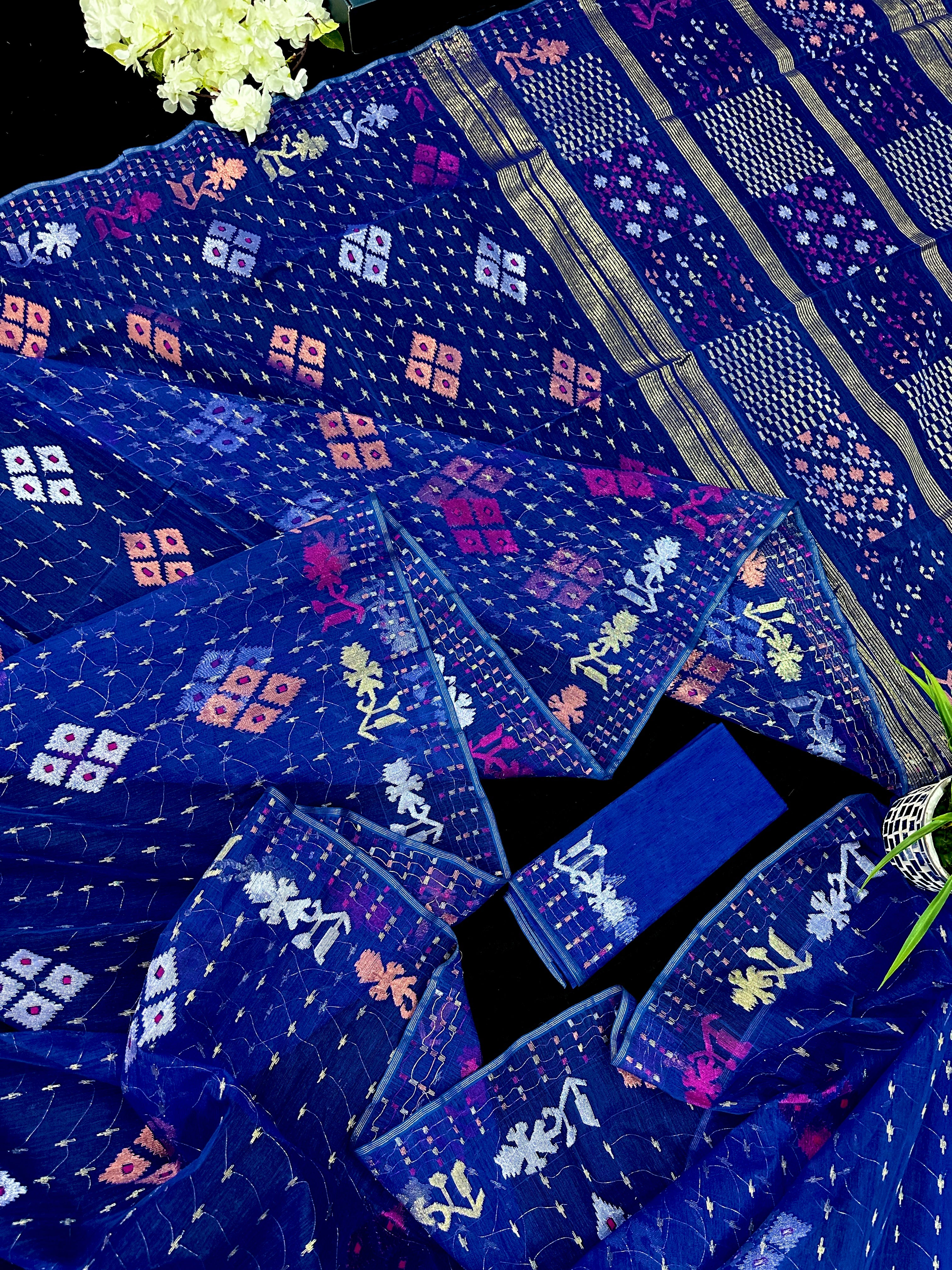 Blue jamdani saree with golden silver & copper jori work also pink jori work