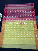 Green & Orange Colour Original Handloom Halfsilk Dhakai Jamdani With Golden Silver & Copper Jori Work