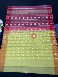 Green & Orange Colour Original Handloom Halfsilk Dhakai Jamdani With Golden Silver & Copper Jori Work