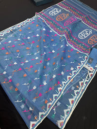 Dusty blue jamdani saree with pink white blue green work and white paar.