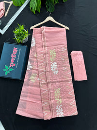 Blushing peach halfsilk jamdani saree with golden jori work and white threads work