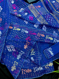 Blue jamdani saree with golden silver & copper jori work also pink jori work