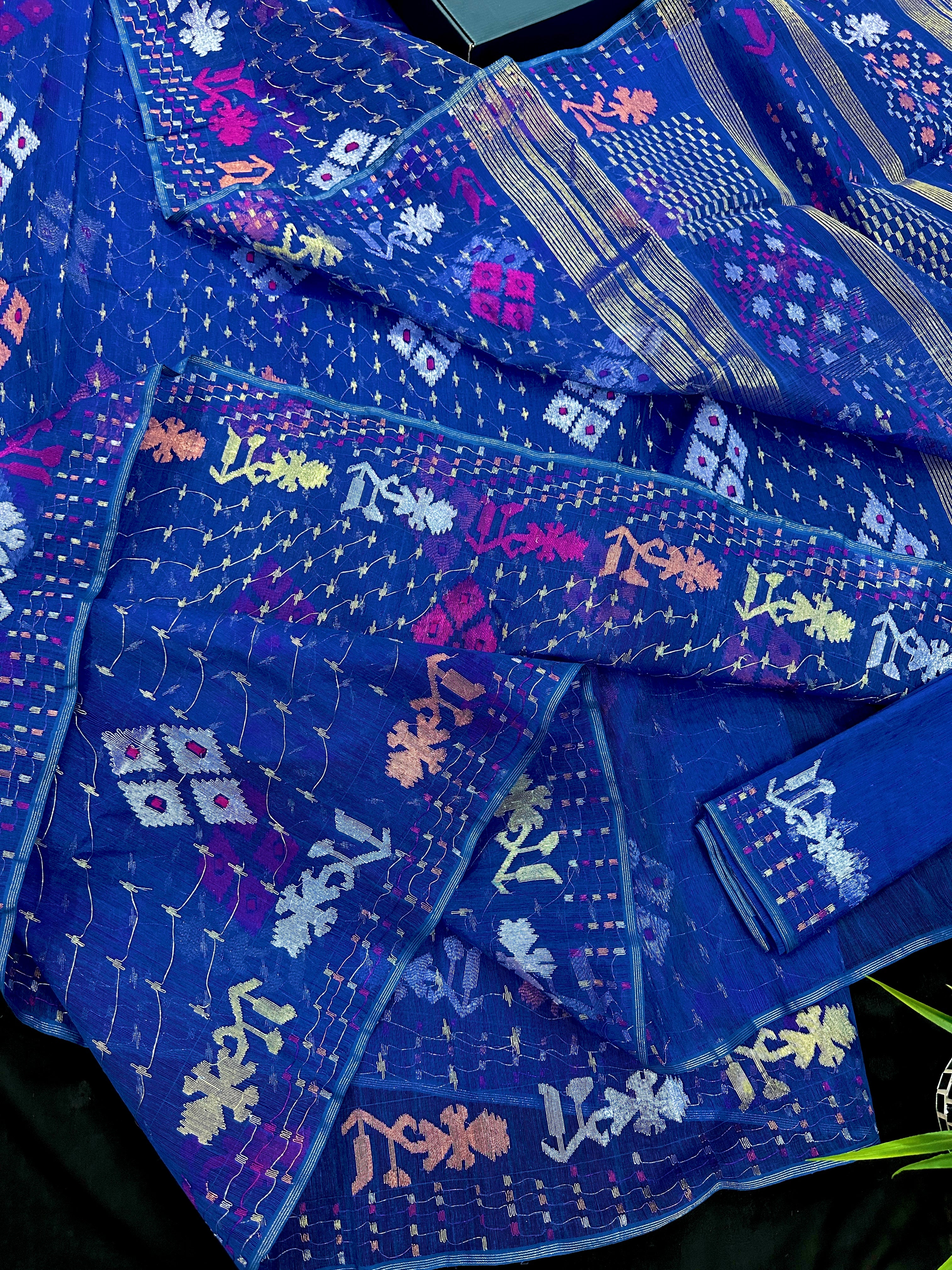 Blue jamdani saree with golden silver & copper jori work also pink jori work