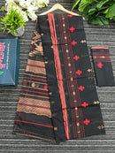 Black halfsilk jamdani saree with red paar and copper jori work