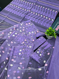 Deep Lavender Original Handloom Halfsilk Dhakai Jamdani Saree With Multiple Threads Work