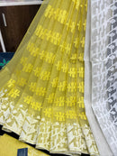 Yellow Colour Original Handloom Halfsilk Dhakai Jamdani With White Threads Work