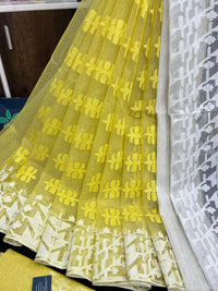 Yellow Colour Original Handloom Halfsilk Dhakai Jamdani With White Threads Work