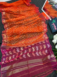 Orange halfsilk jamdani saree with pink paar