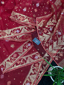 Red jamdani saree with golden jori all over work with blouse piece.