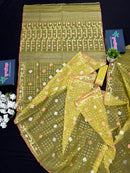 Yellowish Olive Original Handloom Halfsilk Dhakai Jamdani Saree With Golden Silver & Copper Jori Work