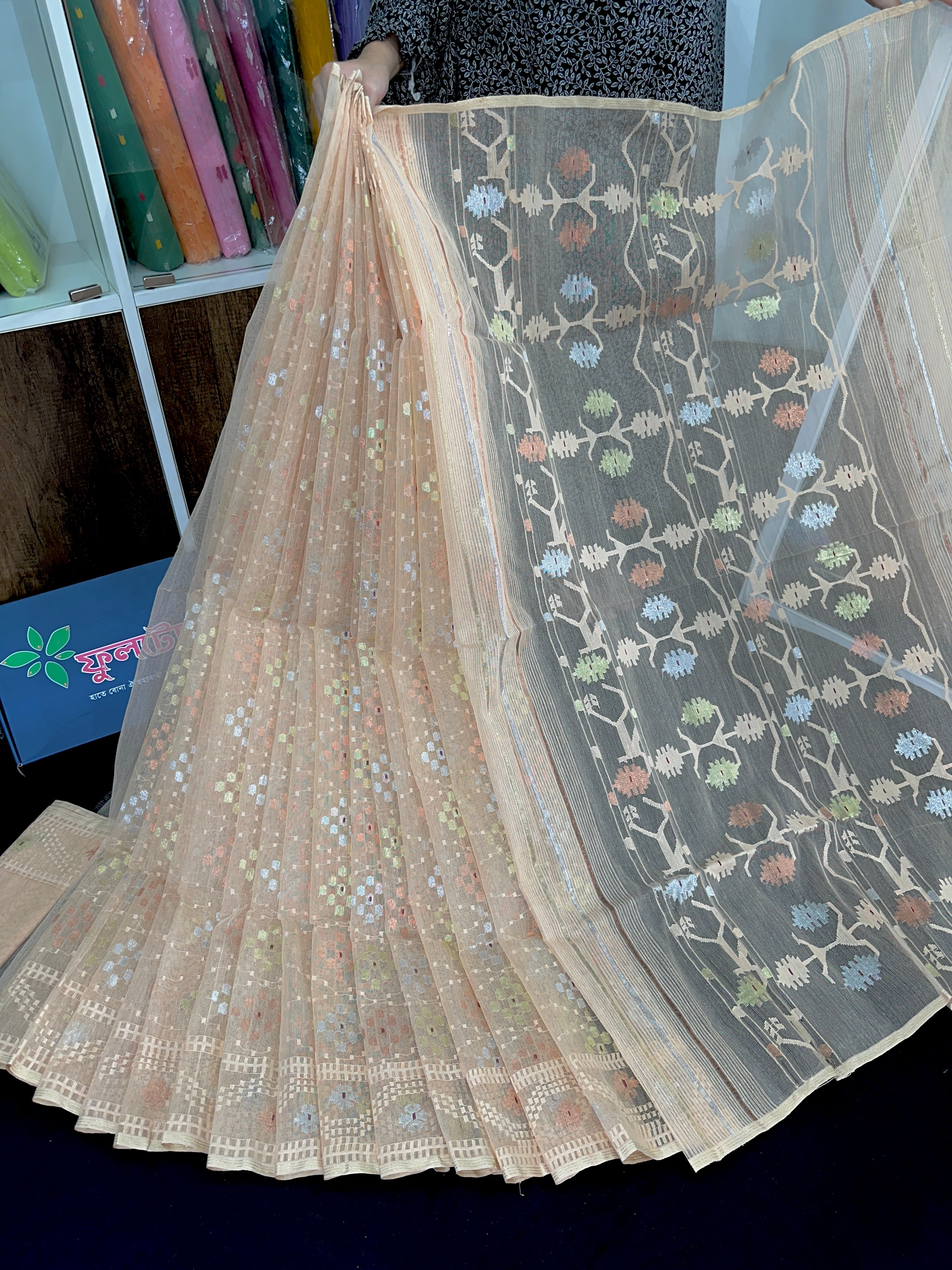 Pearl golden exclusive halfsilk jamdani saree with golden silver & copper jori work