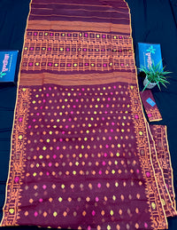 Bitrut colour cotton jamdani saree with yellow orange and pink threads work & blouse piece.