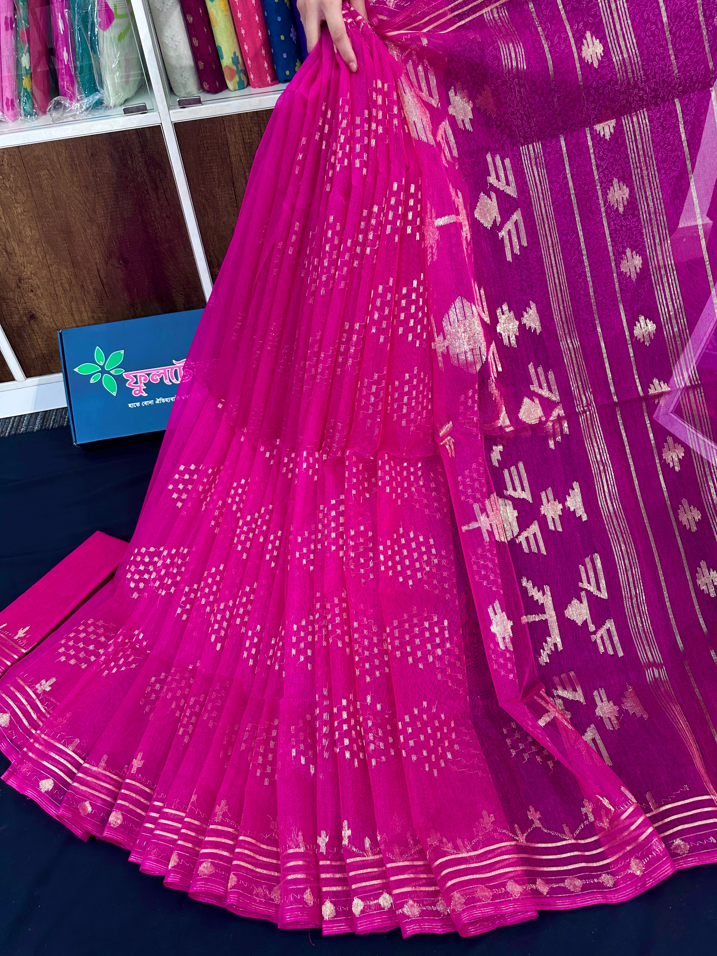 Magenta halfsilk jamdani saree with golden jori work