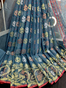 Surma Ash halfsilk jamdani saree with golden silver copper jori work and red border