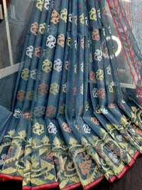 Surma Ash halfsilk jamdani saree with golden silver copper jori work and red border