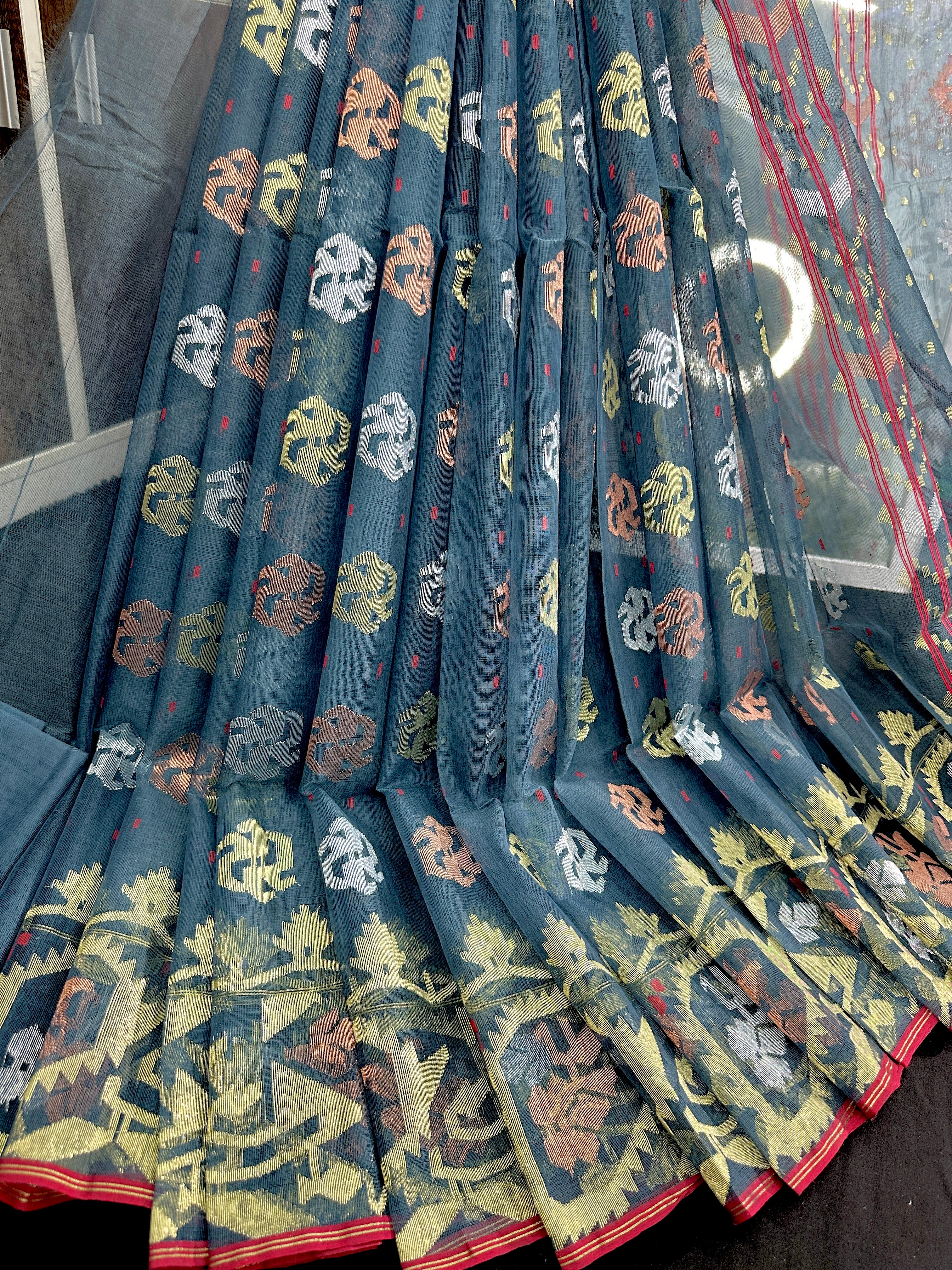 Surma Ash halfsilk jamdani saree with golden silver copper jori work and red border