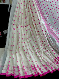 White cotton jamdani saree with pink buta and pink threads work