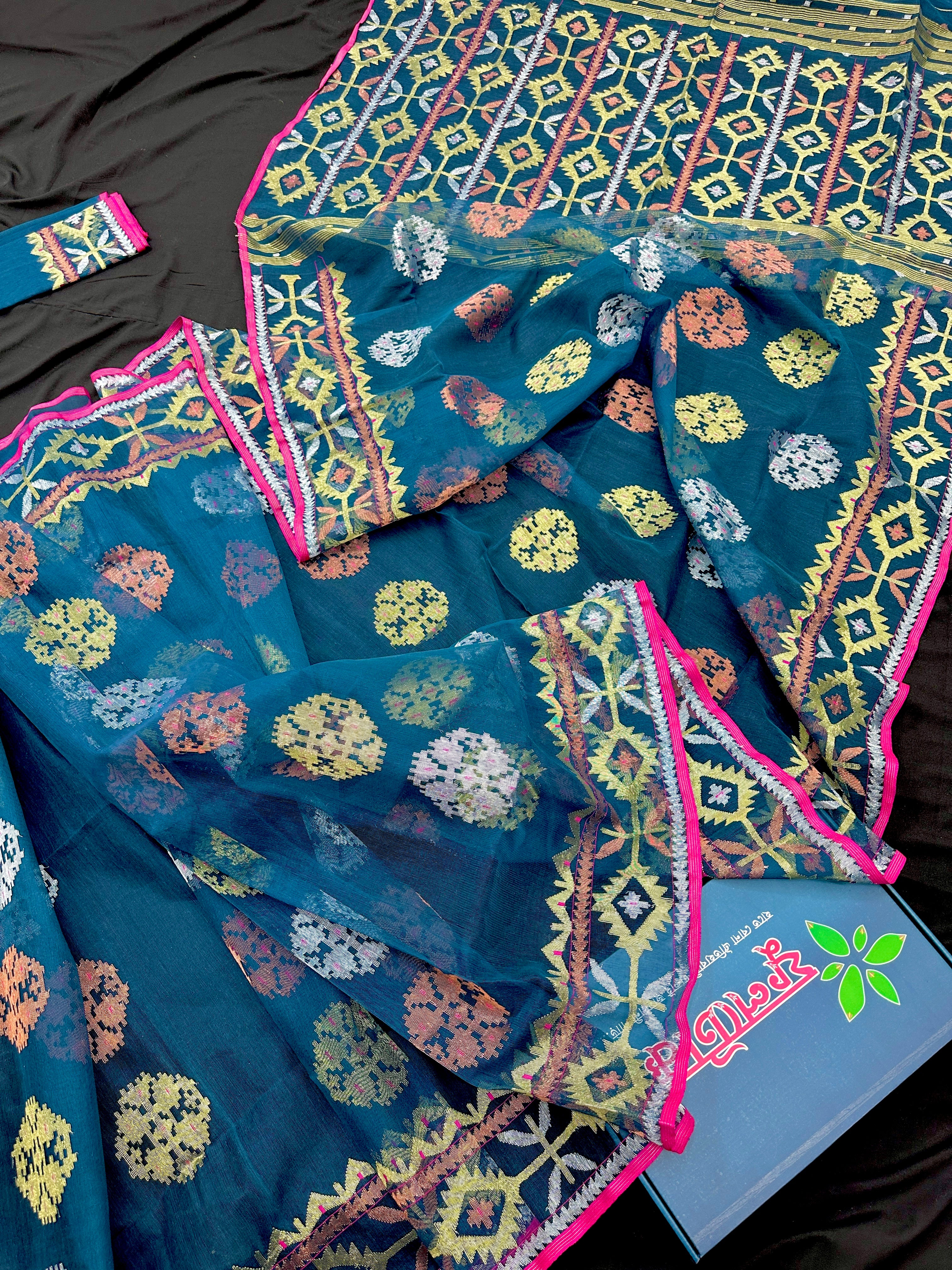 Sea green with multi colour jari woHandloom dhakai jamdani saree.