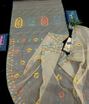 Cream colour jamdani saree with yellow orange blue floral threads work and blouse piece.