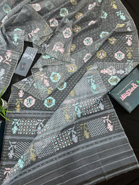 Ash jamdani saree with pink blue and with threads work and golden jori work.