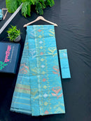 Ocean blue halfsilk jamdani saree with golden silver & copper jori work