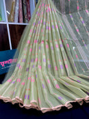 Lite olive halfsilk jamdani saree with pink blue olive threads work