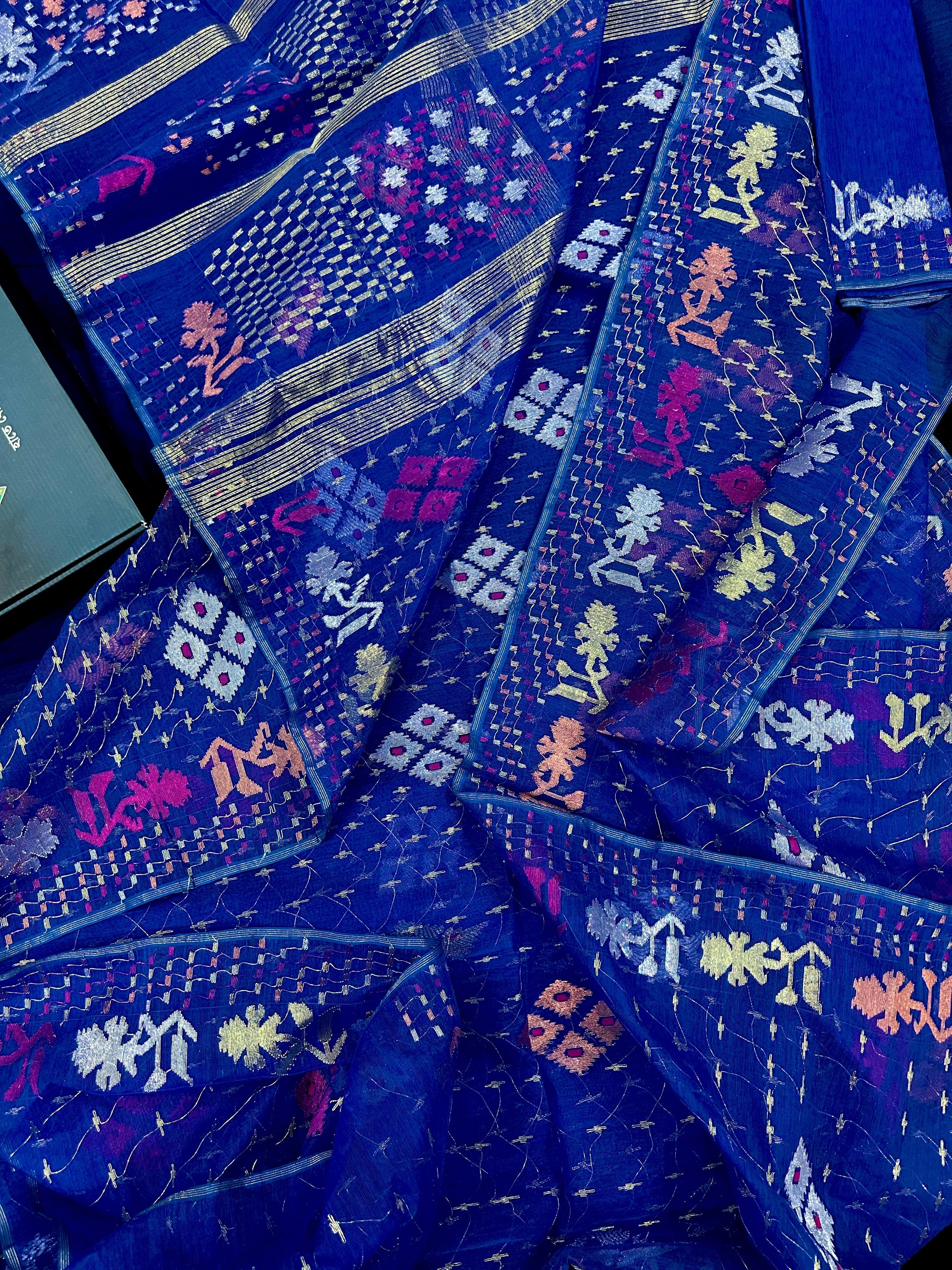 Blue jamdani saree with golden silver & copper jori work also pink jori work