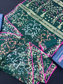 Green Colour Original Handloom Halfsilk Dhakai Jamdani With Golden Silver & Copper Jori Work