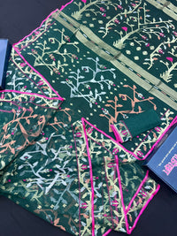 Green Colour Original Handloom Halfsilk Dhakai Jamdani With Golden Silver & Copper Jori Work