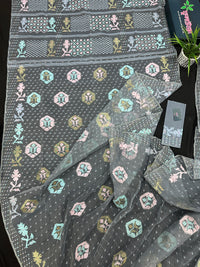 Ash jamdani saree with pink blue and with threads work and golden jori work.