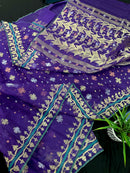 Violate purple jamdani saree all over golden silver and copper jori work.