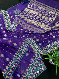 Violate purple jamdani saree all over golden silver and copper jori work.
