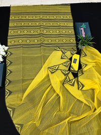 Yellow cotton jamdani sari with simple paar.