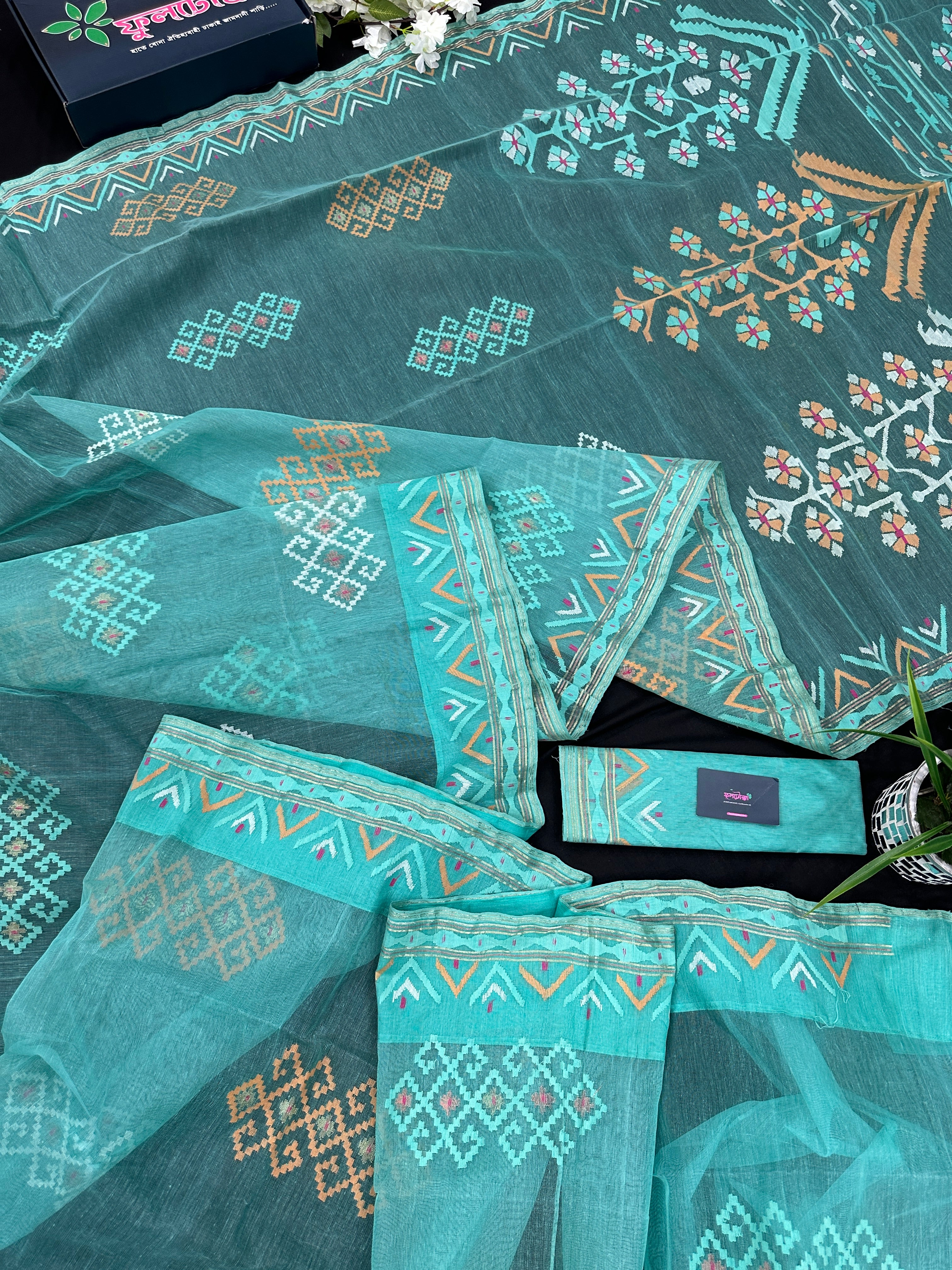 Ice blue exclusive halfsilk jamdani saree all over threads work