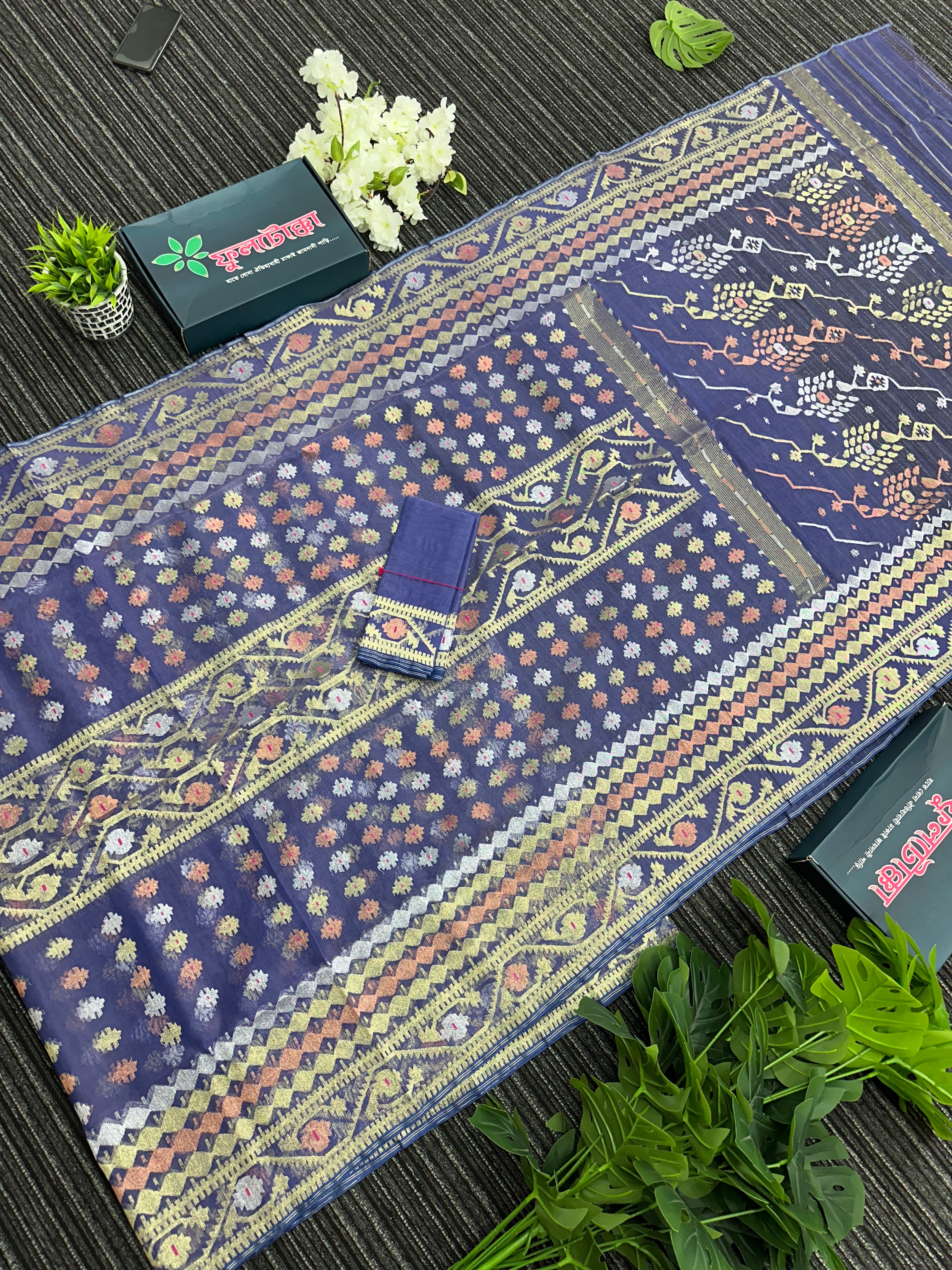 Deep purple exclusive halfsilk jamdani saree with golden silver & copper jori work