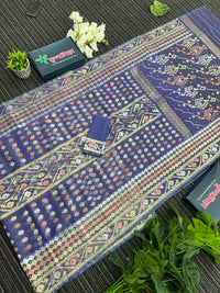 Deep purple exclusive halfsilk jamdani saree with golden silver & copper jori work