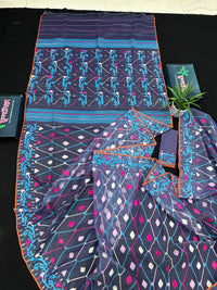 Purplish Blue dual toned jamdani saree with white pink blue threads work & blouse piece.