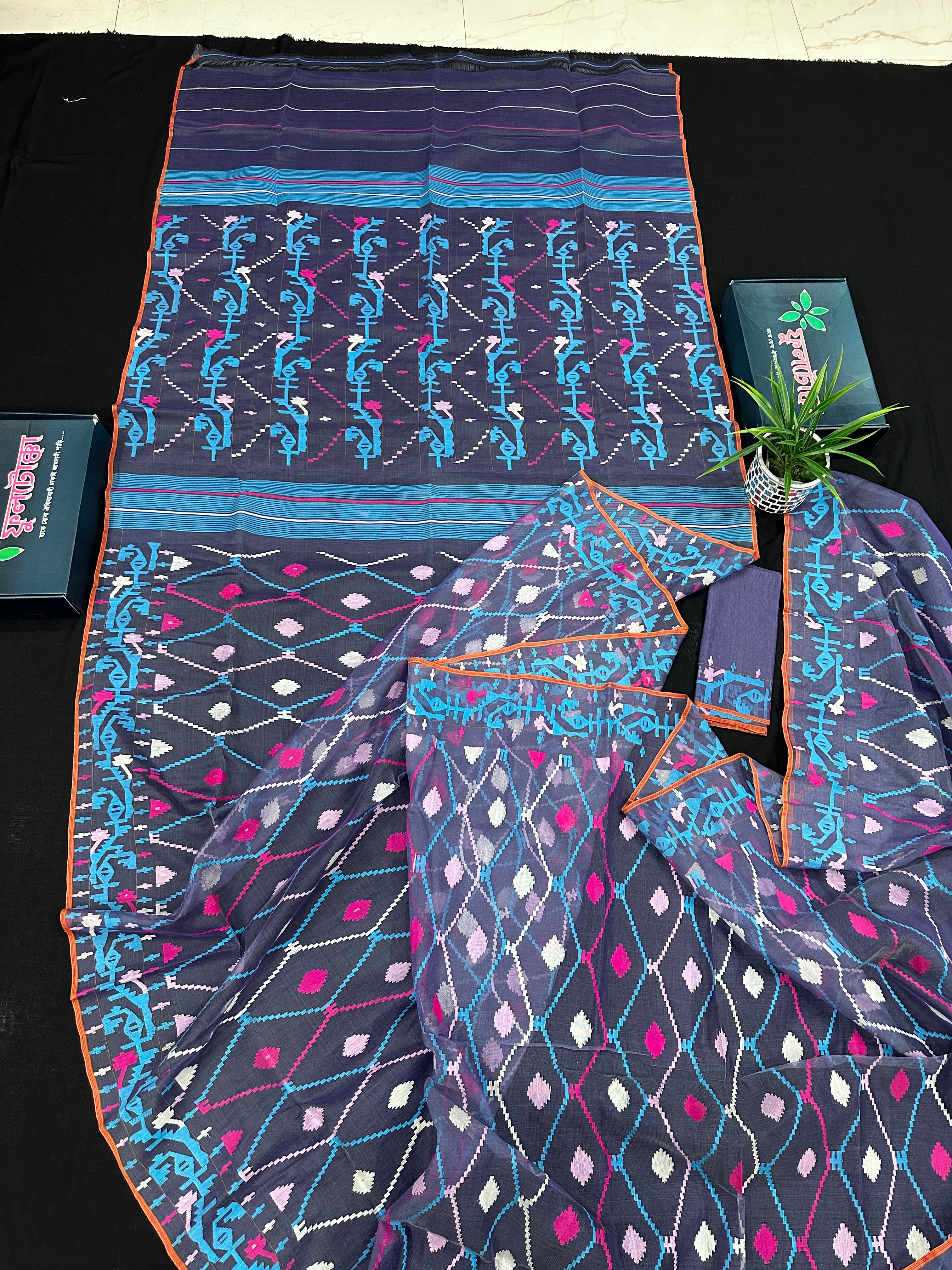 Purplish Blue dual toned jamdani saree with white pink blue threads work & blouse piece.