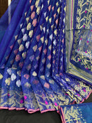 Blue halfsilk jamdani saree with golden silver & copper jori work