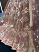 Nude mauve halfsilk jamdani saree with golden silver & copper jori work