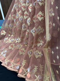 Nude mauve halfsilk jamdani saree with golden silver & copper jori work