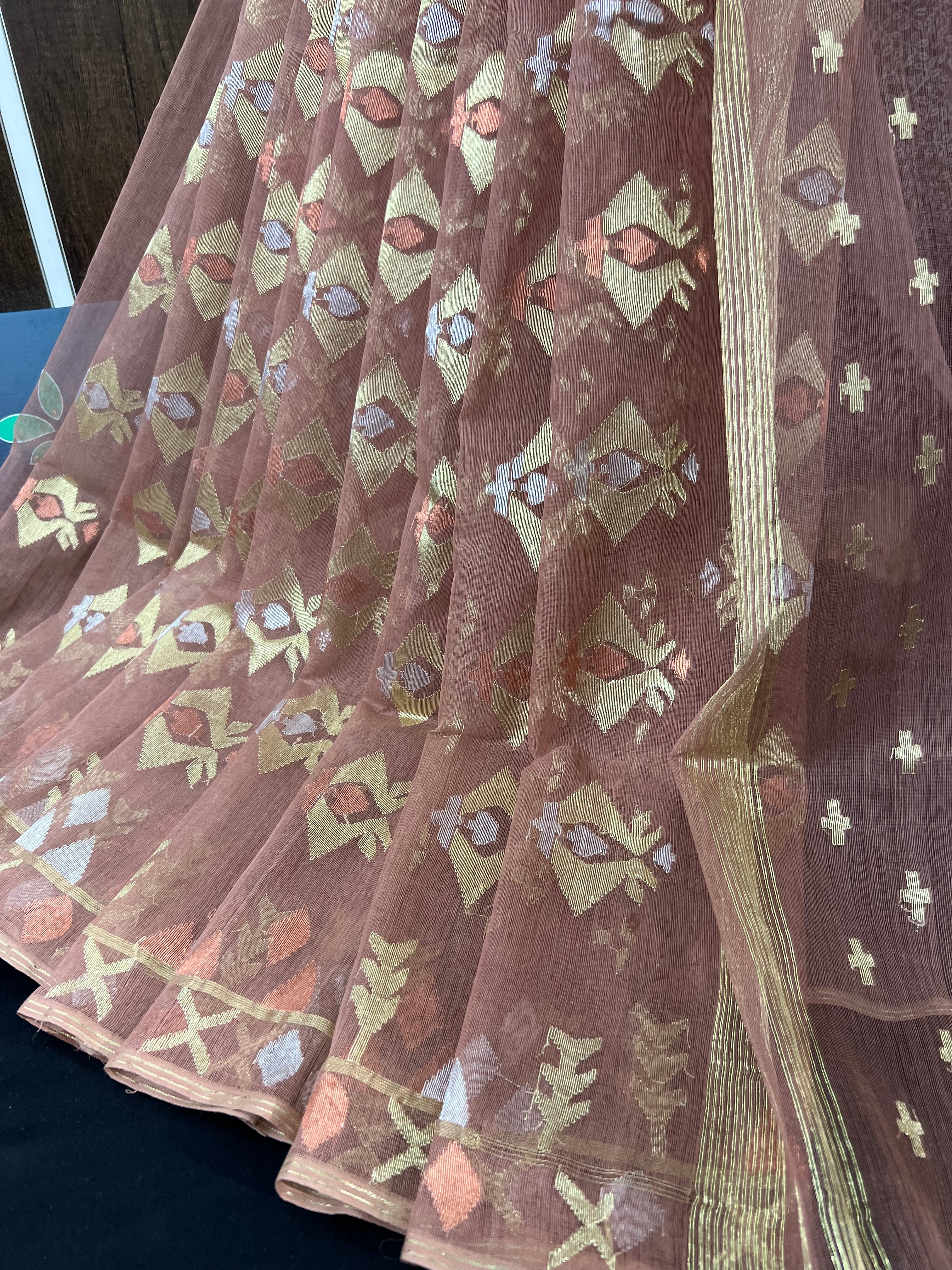 Nude mauve halfsilk jamdani saree with golden silver & copper jori work