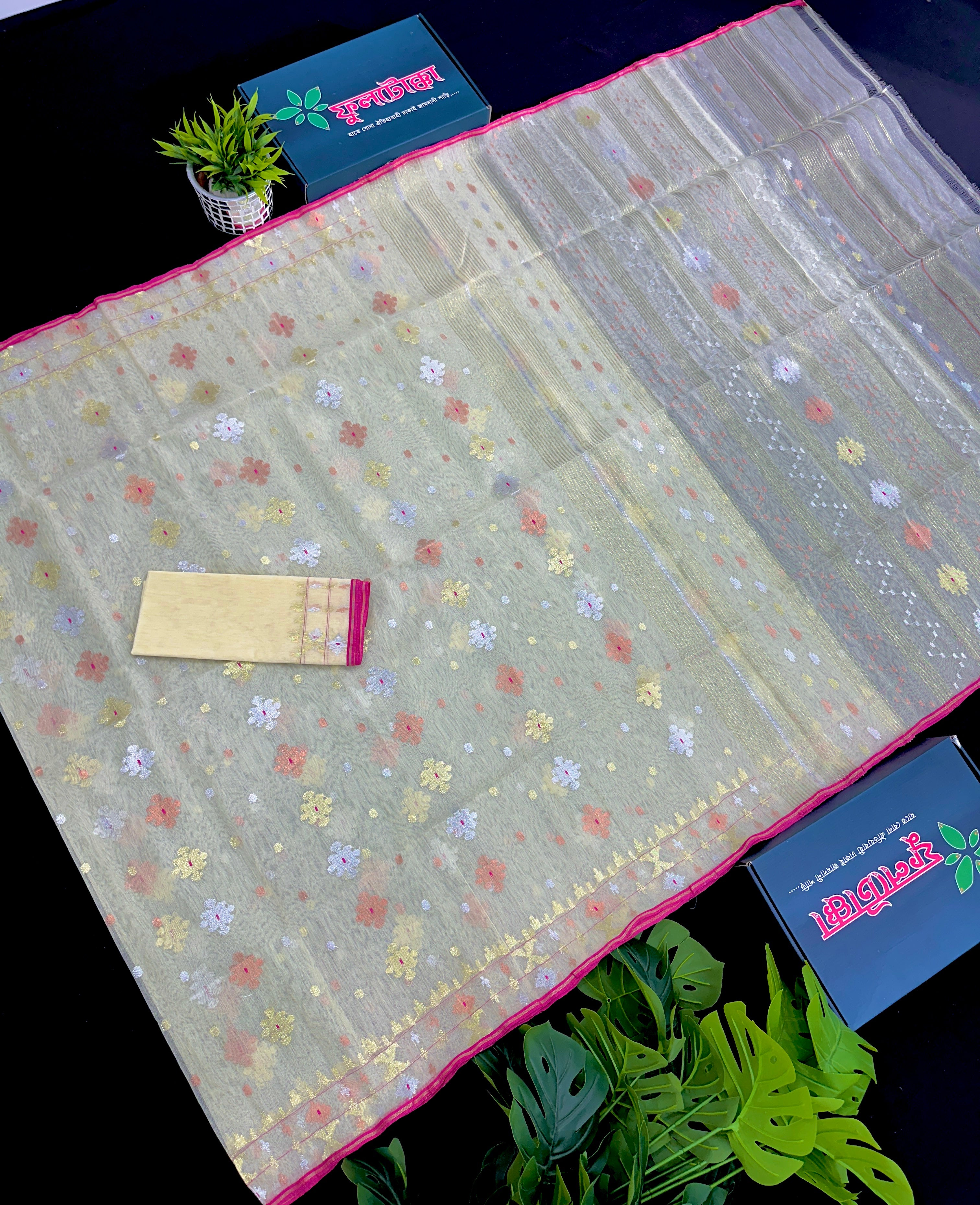 Pearl golden halfsilk jamdani saree with golden silver & copper jori work