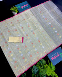 Pearl golden halfsilk jamdani saree with golden silver & copper jori work