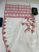 White Jamdani Saree With Red Paar.