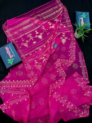 Magenta jamdani saree with golden jori work all over work and blouse piece